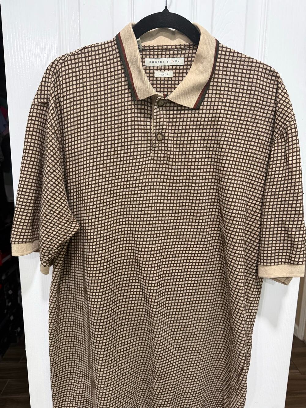 Vintage Robert Stock Men’s Large Tan Brown Grid Knit Polo Shirt Short Sleeve